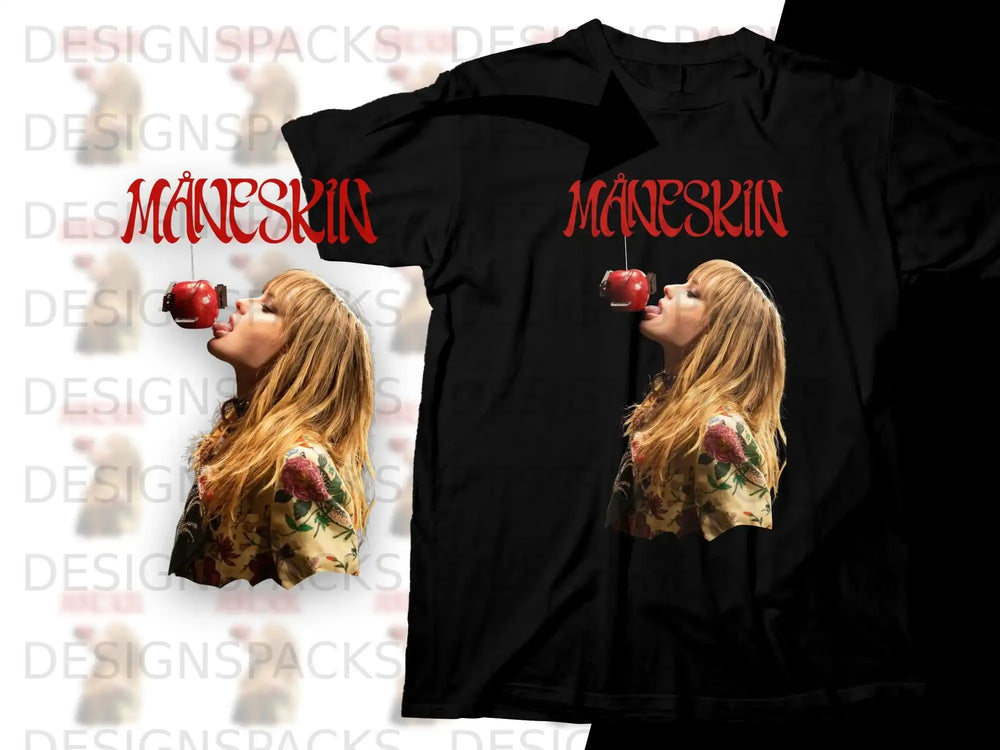Måneskin band shirt with woman biting apple, red lettering.