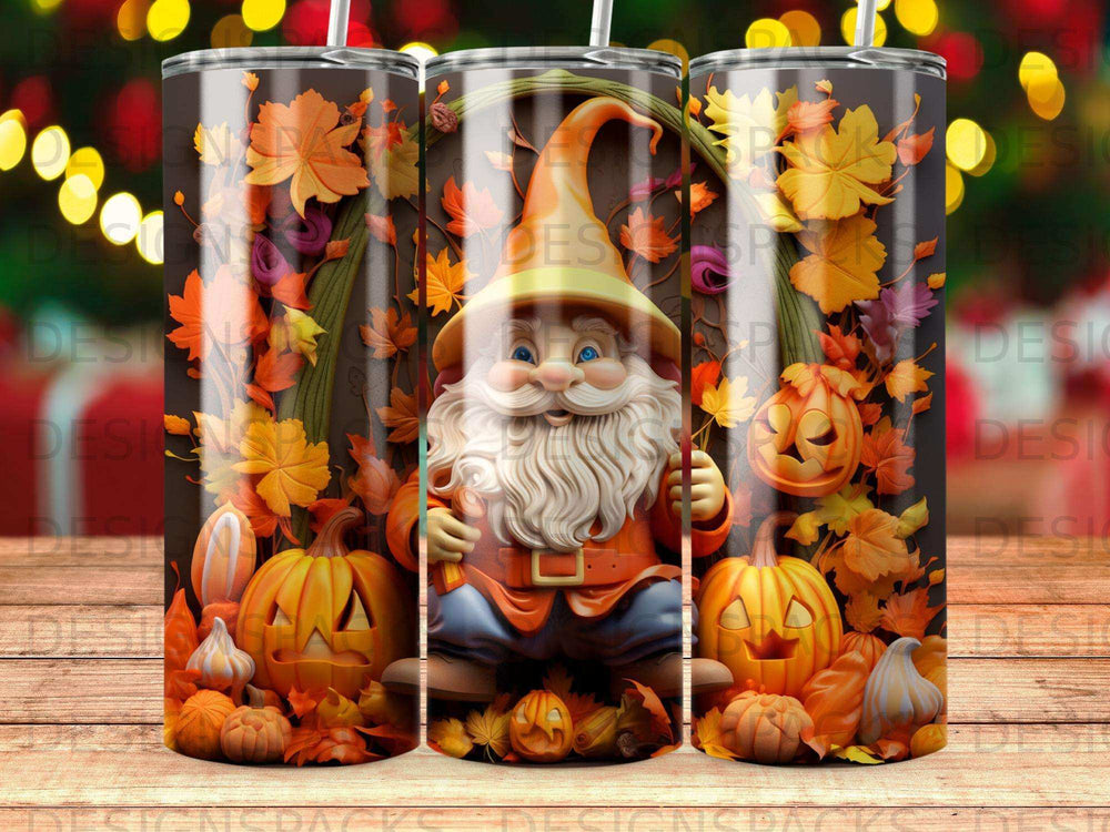 Gnome with pumpkins and autumn leaves on a tumbler.
