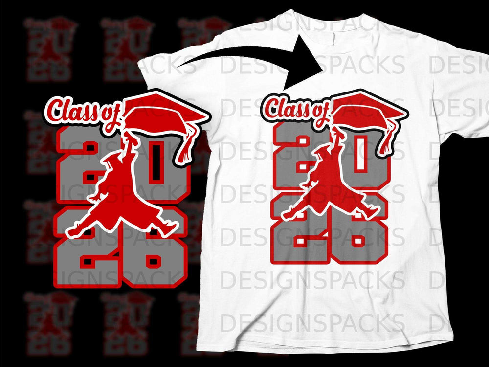 White t-shirt with red and gray "Class of 2026" graduation graphic.
