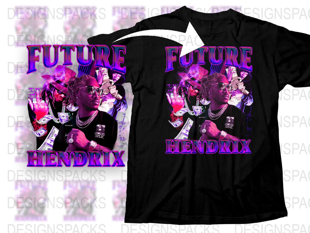 Future Hendrix Graphic T-Shirt, Hip Hop Artist Inspired Tee, Trendy Music Fan Apparel, Black and Purple Cotton Shirt