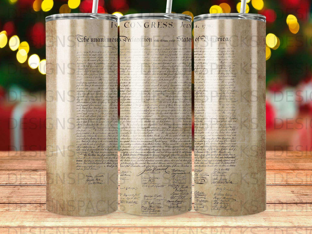 Declaration of Independence with signatures on a tumbler design.