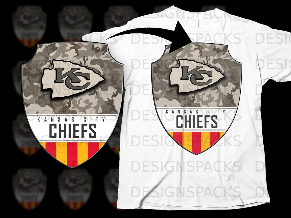 Kansas City Chiefs logo on a camouflage shield with red and yellow stripes.