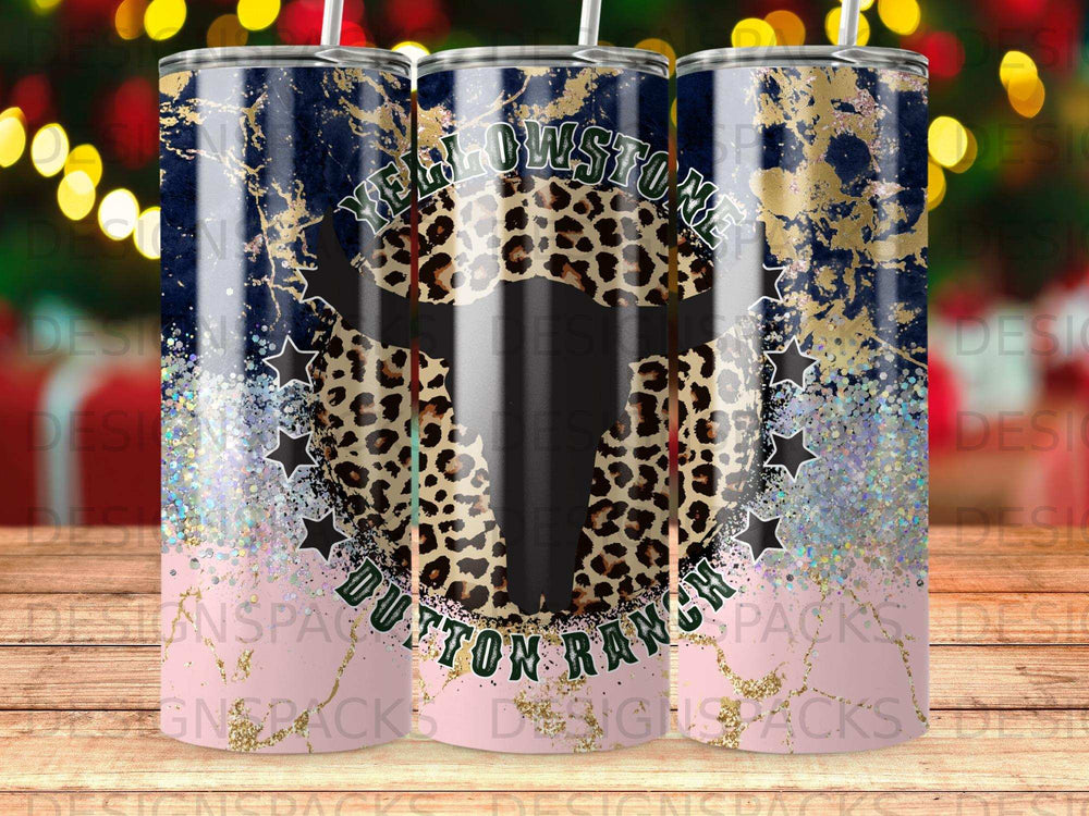 Yellowstone Dutton ranch tumbler with leopard print bull skull graphic.
