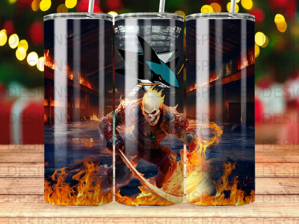 Ghost Rider NHL San Jose Sharks theme tumbler with fiery skeleton and hockey logo.
