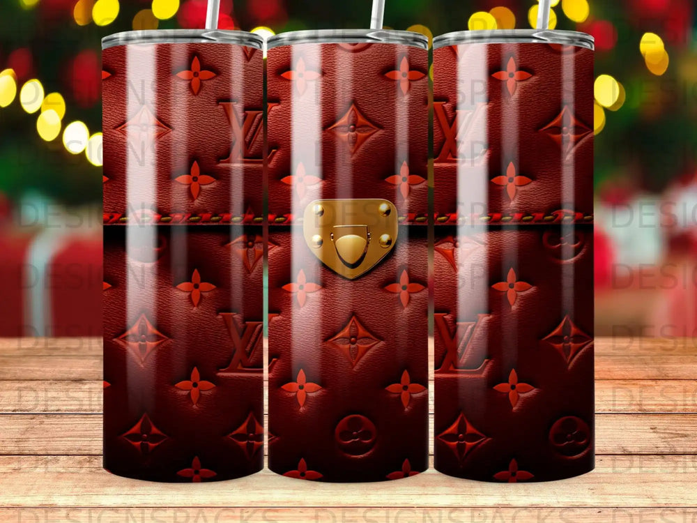 Brown tumbler with repeating LV monogram and gold lock detail.