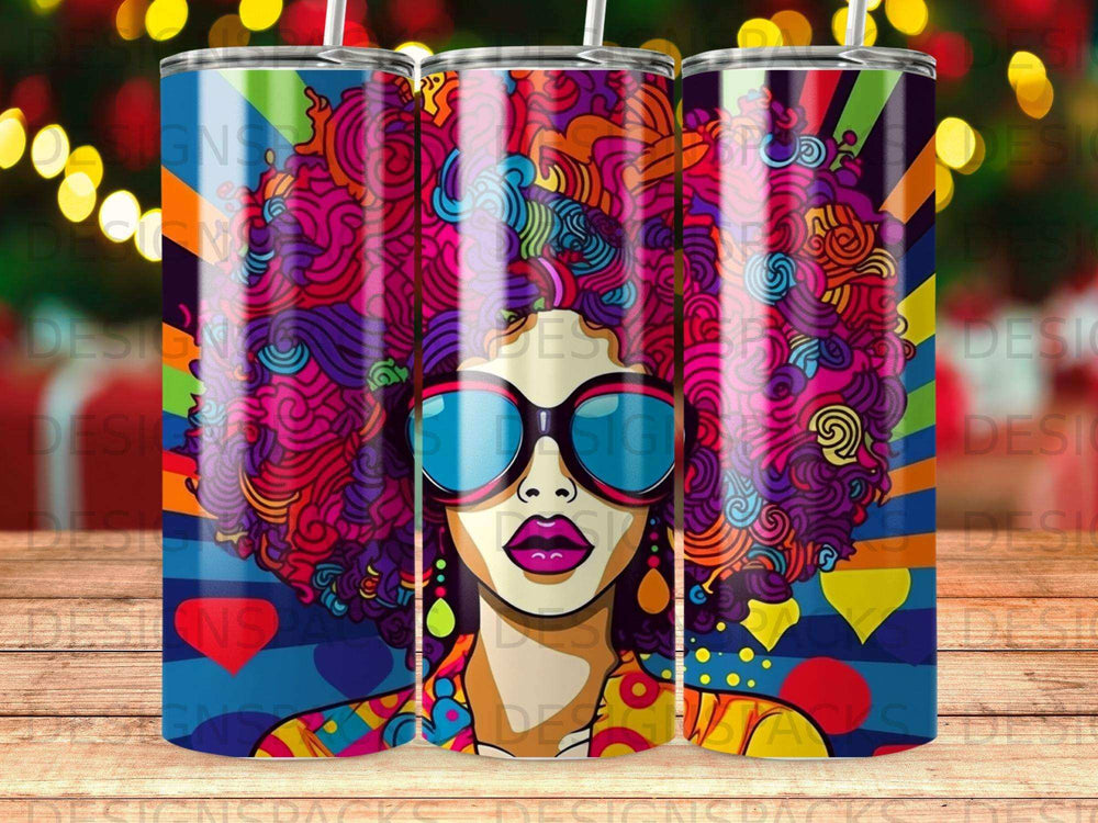 Woman with vibrant afro and sunglasses, colorful psychedelic background.