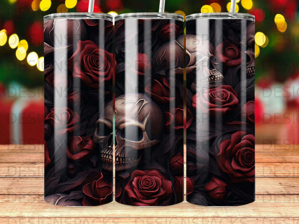 Skulls and dark red roses design on a tumbler.