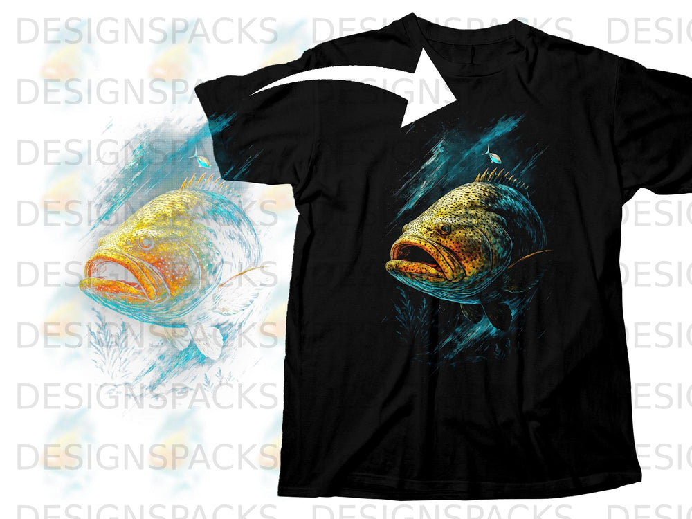Black t-shirt with a graphic of a large, colorful fish underwater.