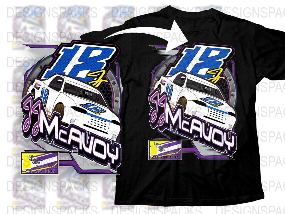 Racing Car Graphic T-Shirt, Driver McEvoy Number 18, Vibrant Blue and Purple Design, Sporty Casual Wear