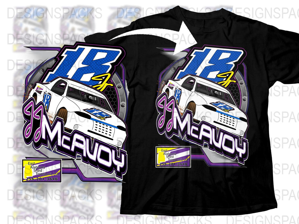 Racing Car Graphic T-Shirt, Driver McEvoy Number 18, Vibrant Blue and Purple Design, Sporty Casual Wear