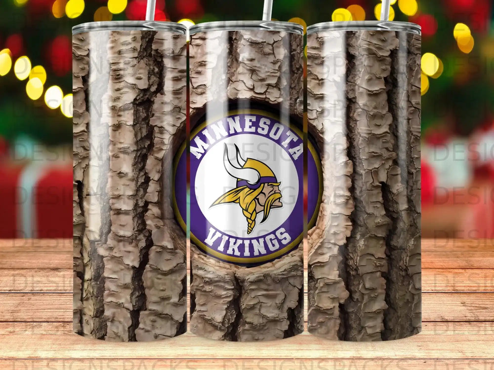 Minnesota Vikings logo on a tumbler with a wood grain design.