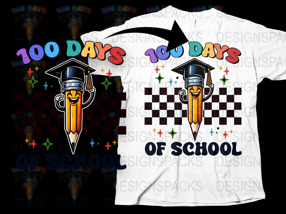 100 Days of School T-Shirt, Colorful Graduation Cap and Pencil Design, Unisex Kids' Tee