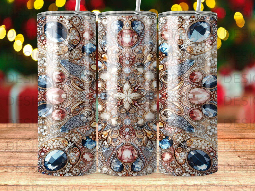 Tapered tumbler with intricate floral and jewel design.