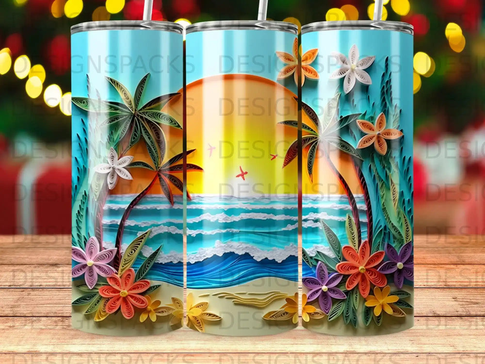 Beach scene with palm trees and colorful paper flowers on a tumbler.