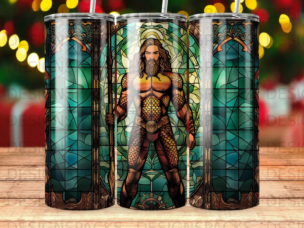 Aquaman in stained glass style, holding trident, against a mosaic background.