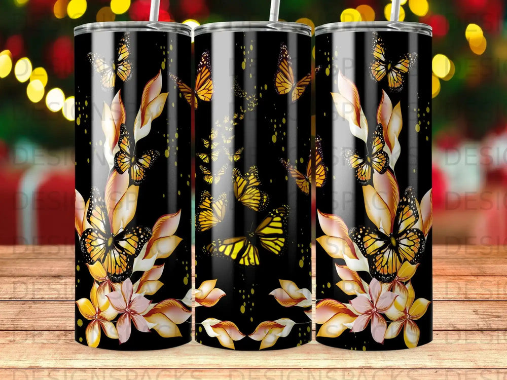 Black tumbler with yellow butterflies and floral accents.