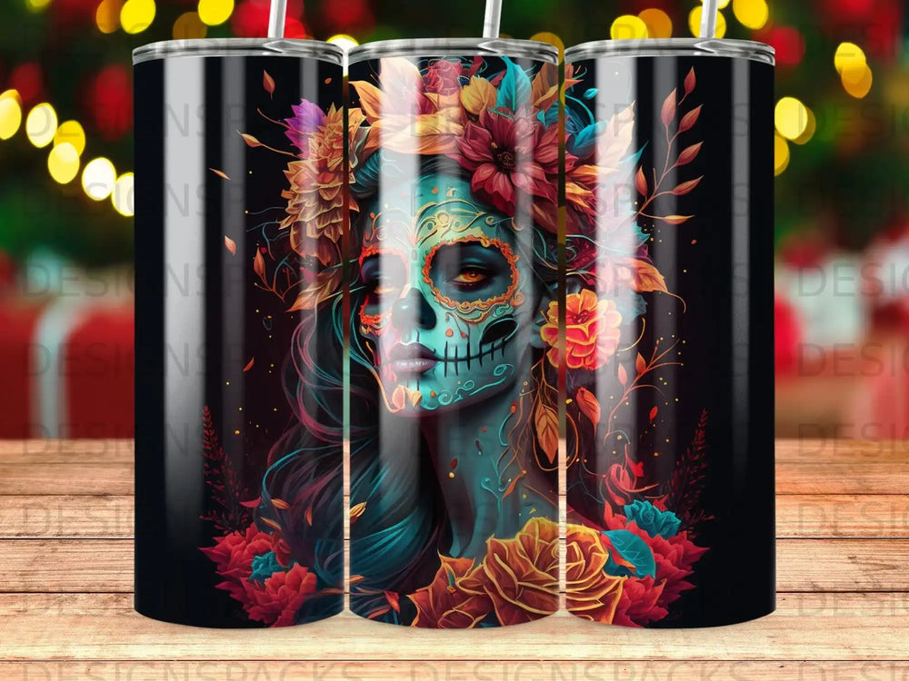 Sugar skull woman with floral headdress and colorful makeup.