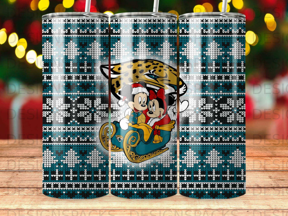 Mickey and Minnie Mouse in a sleigh with a jaguar on a teal and white knitted pattern.