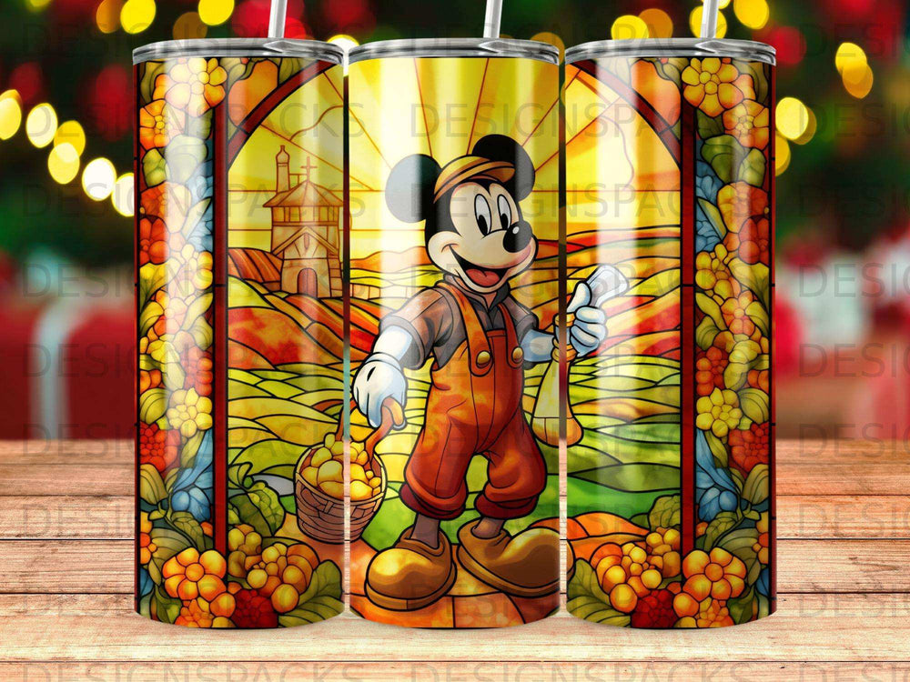 Mickey Mouse in overalls, holding a basket, against a stained glass background.