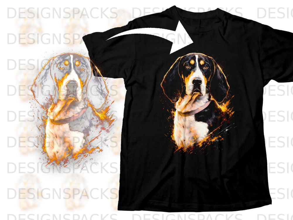 Black t-shirt featuring a watercolor painting of a black and tan hound dog.