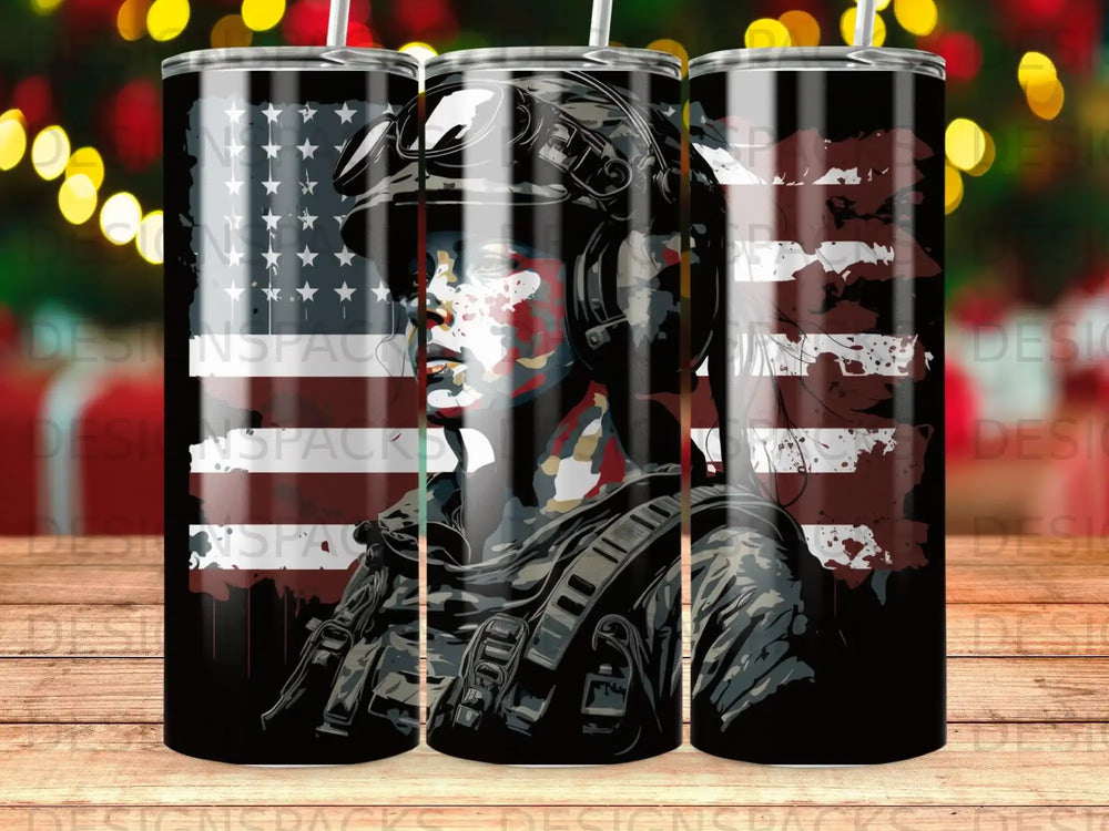 Soldier in military gear with American flag overlay.