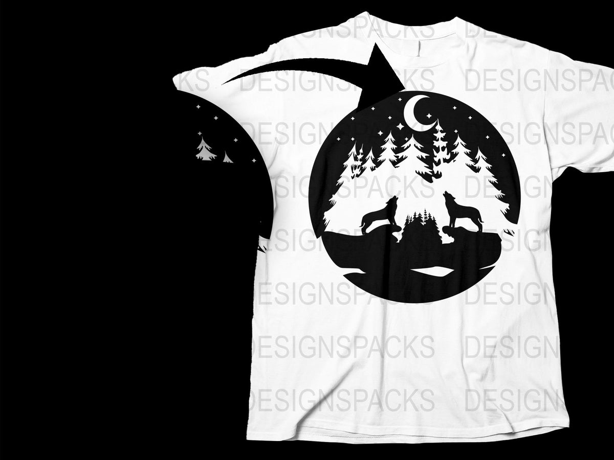 Unique Black and White Nature Graphic T-Shirt, Moonlit Forest Silhouette Design, Unisex Tee