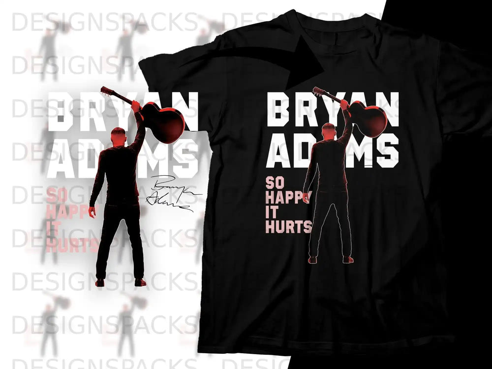 Black t-shirt with Bryan Adams silhouette, text "SO HAPPY IT HURTS".