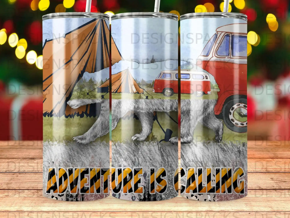 Wolf in wilderness with "Adventure is Calling" text.