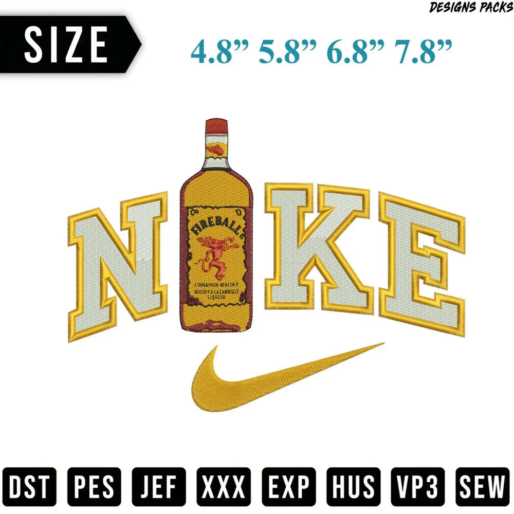 Nike logo with Fireball whisky bottle and embroidery file formats.