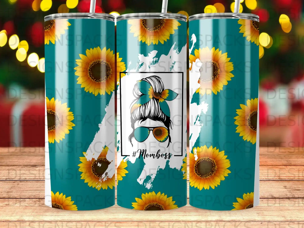 Tumbler with sunflowers and #MomBoss text.