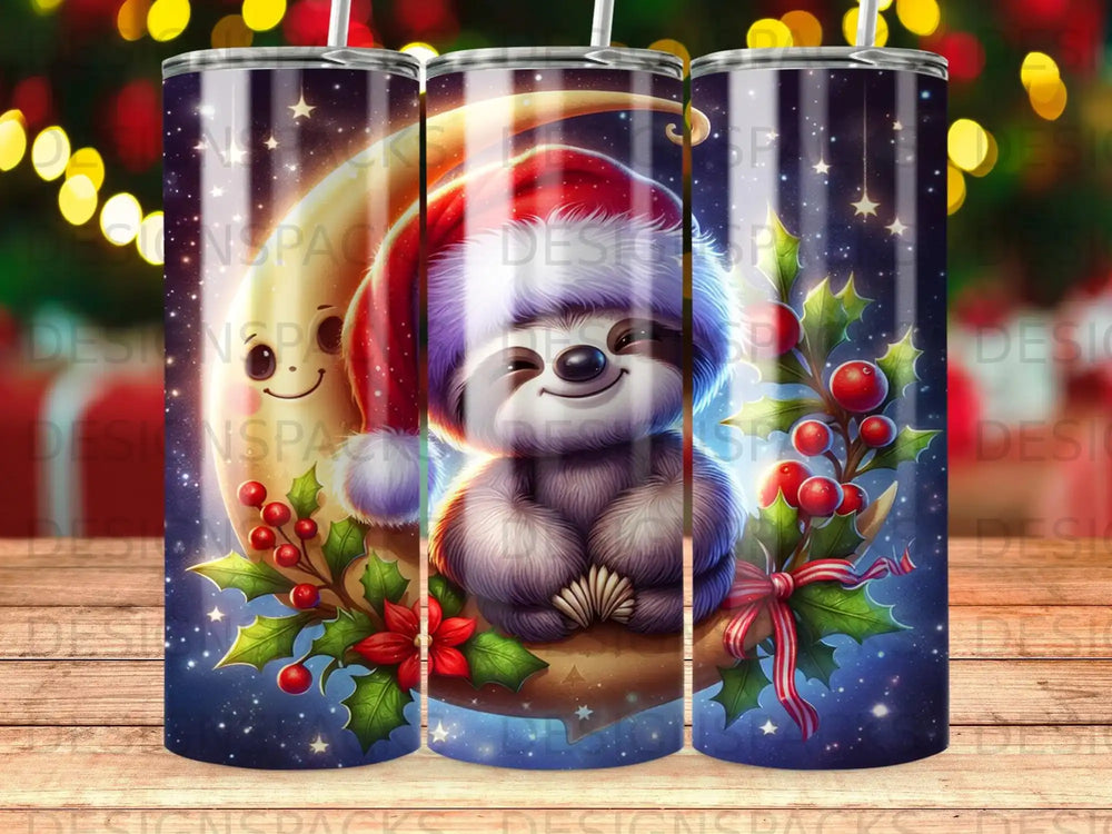 Sloth wearing Santa hat sits on crescent moon with holly and berries.