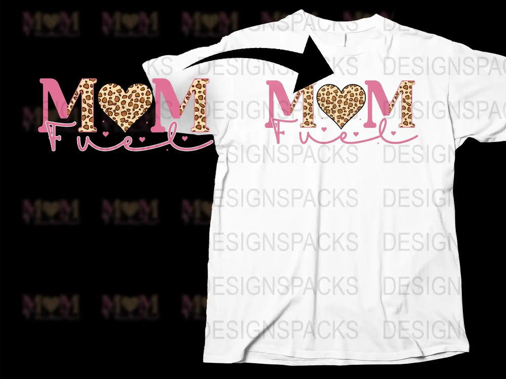 Mom Fuel Leopard Print Heart Graphic Tee, Stylish Mother's Day T-Shirt, Custom Mom Gift, Trendy Women's Casual Top