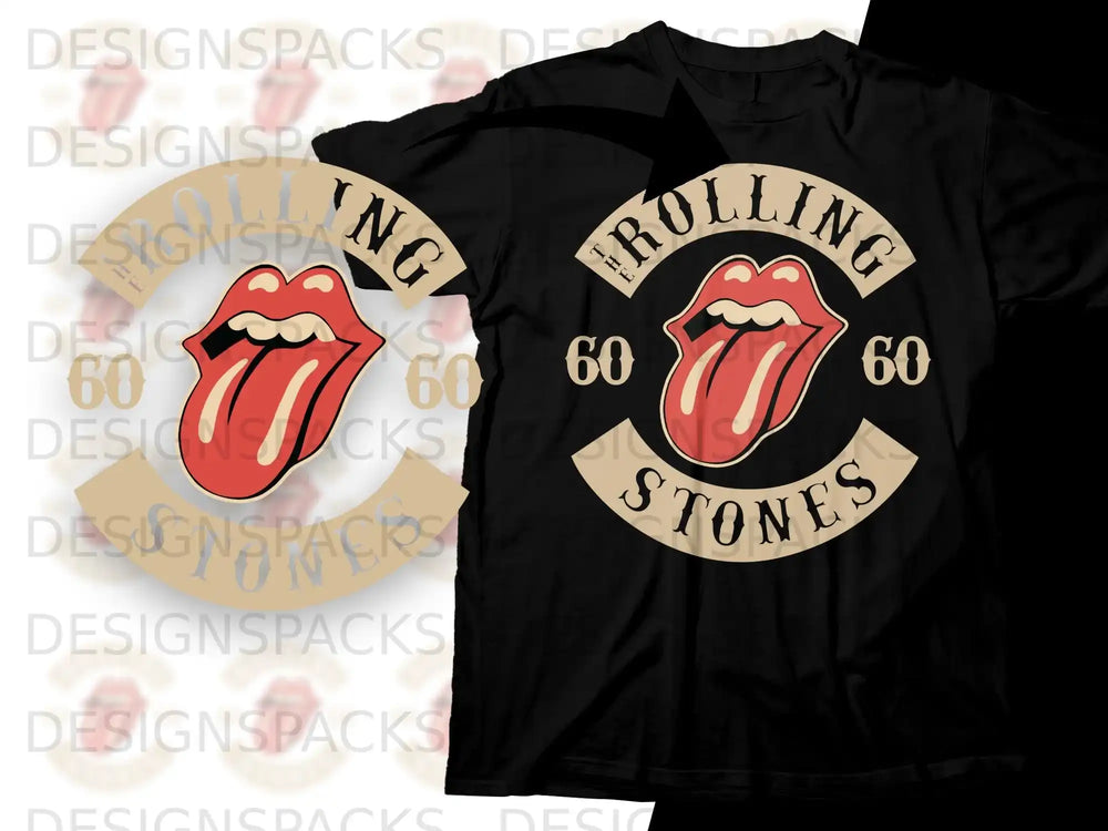 Black t-shirt with Rolling Stones 60th anniversary logo featuring red lips and tongue.