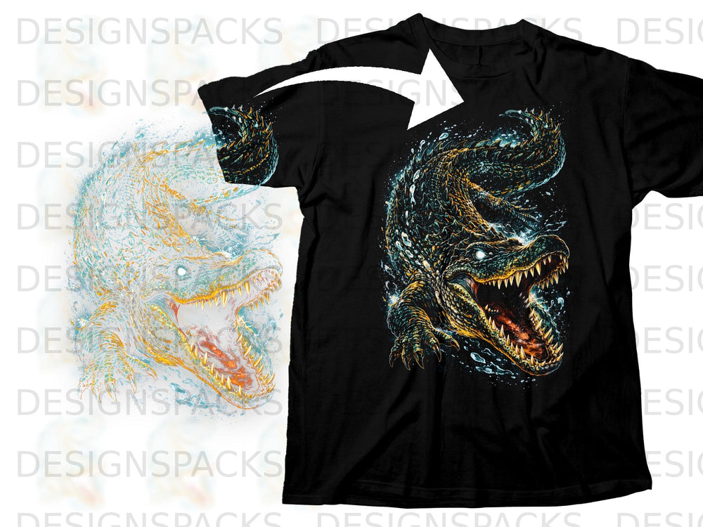 Black t-shirt with a dark, detailed alligator graphic and a white arrow pointing to it.