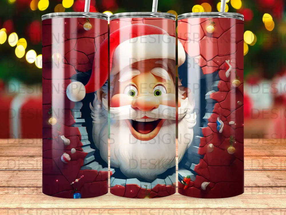 Santa Claus peeking through a cracked wall, with gift wrap and ornaments.