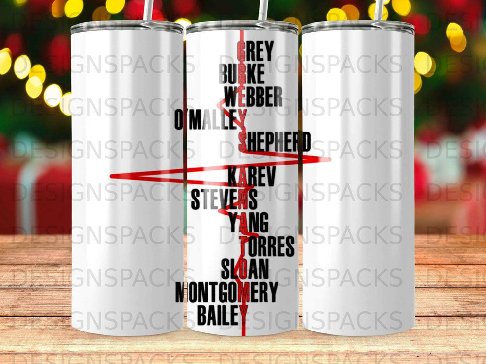 Tumbler with names: Grey, Burke, Webber, Shepherd, O'Malley, Karev, Yang, Stevens, Torres, Sloan, Montgomery, Bailey.