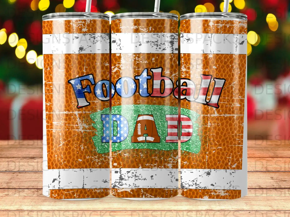 Football Dad tumbler with distressed football texture and text.