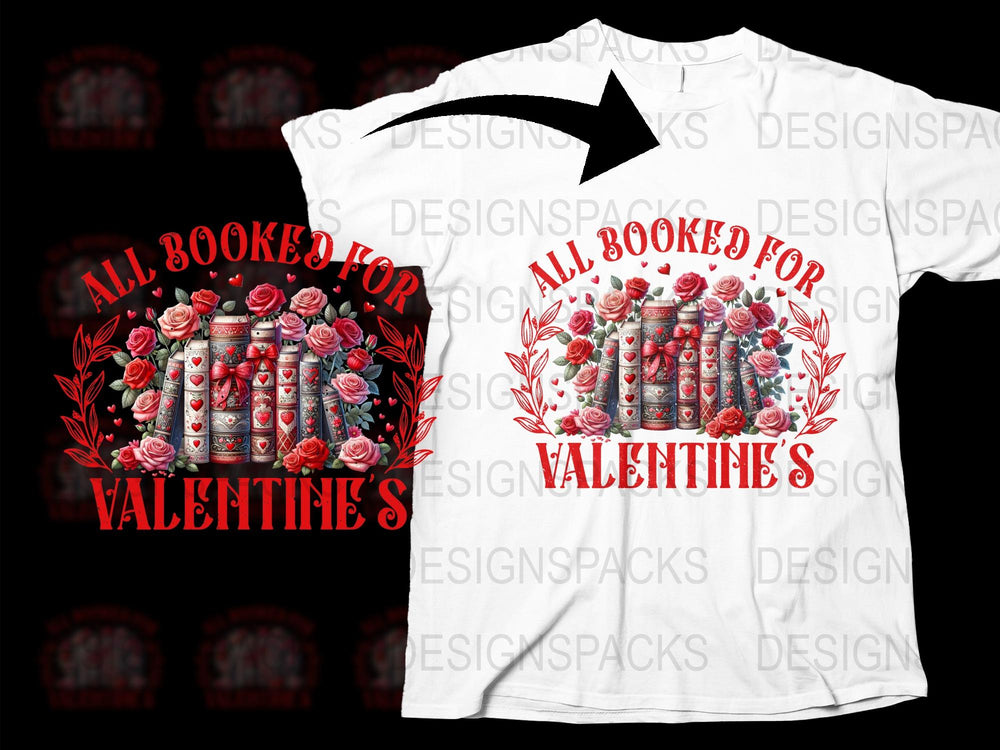 All Booked for Valentine's Day T-Shirt, Romantic Book Lover Gift, Floral Bookshelf Graphic Tee, Unique Valentine Present for Her