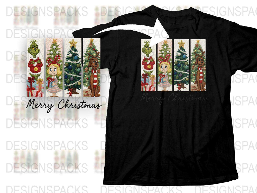 Christmas T-Shirt with Cartoon Kids, Santa, and Trees Holiday Graphic Tee for Festive Family Apparel