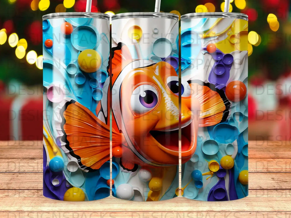 Nemo the clownfish against a colorful, bubbly underwater background.