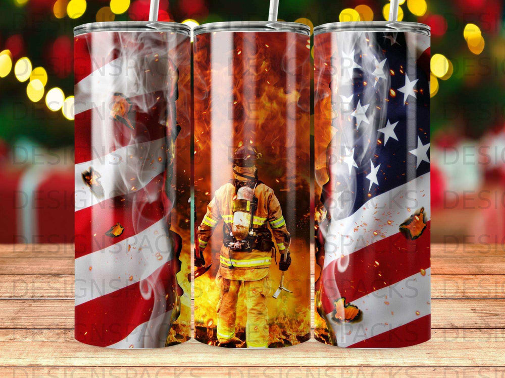 Firefighter in gear against American flag and flames.