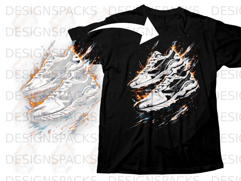 Black t-shirt with a graphic print of two white athletic shoes with black accents and fiery splashes.