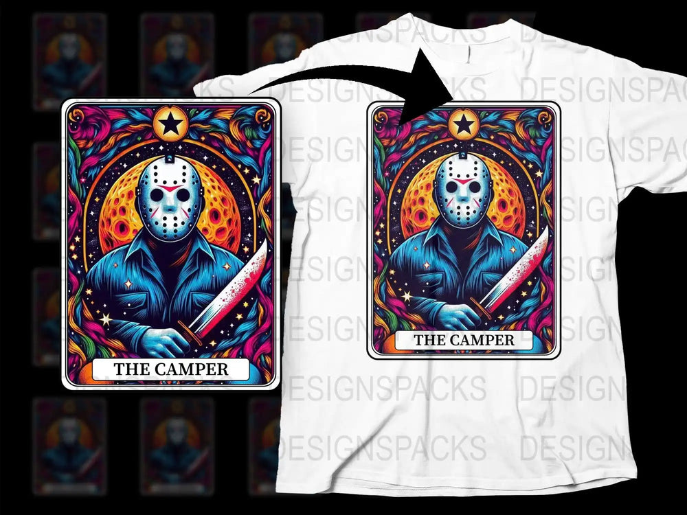 Tarot Card Inspired T-Shirt, 'The Camper' Jason Horror Movie Design, Colorful Gothic Horror Graphic Tee, Unisex Shirt