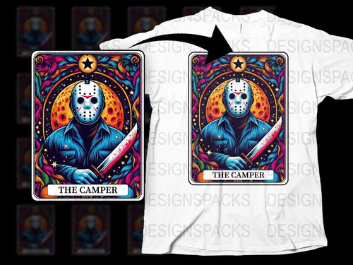 Tarot Card Inspired T-Shirt, 'The Camper' Jason Horror Movie Design, Colorful Gothic Horror Graphic Tee, Unisex Shirt
