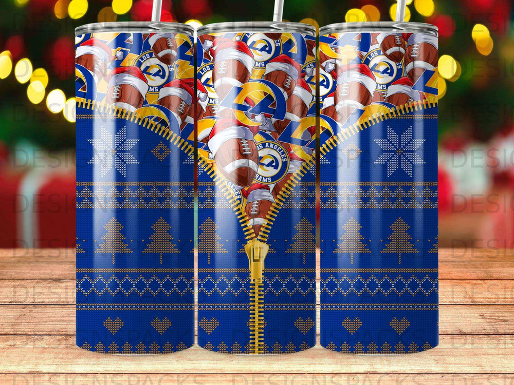 Los Angeles Rams themed tumbler with a zipper, snowflakes, and Christmas trees.