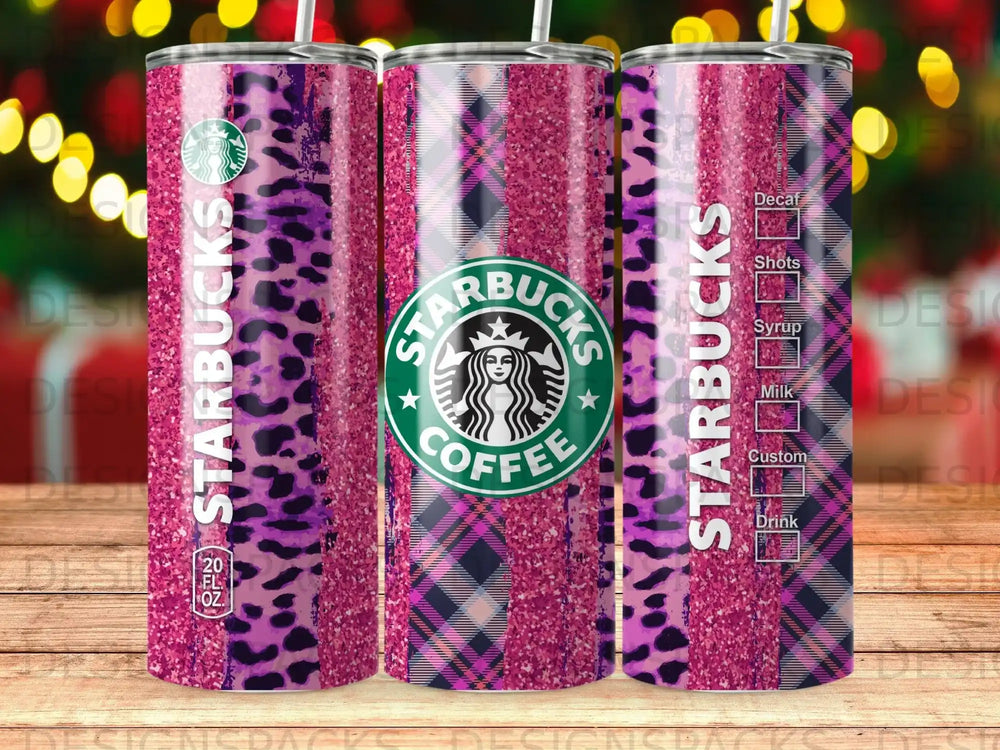 Starbucks tumbler with leopard print and plaid design, featuring coffee icons and drink options.