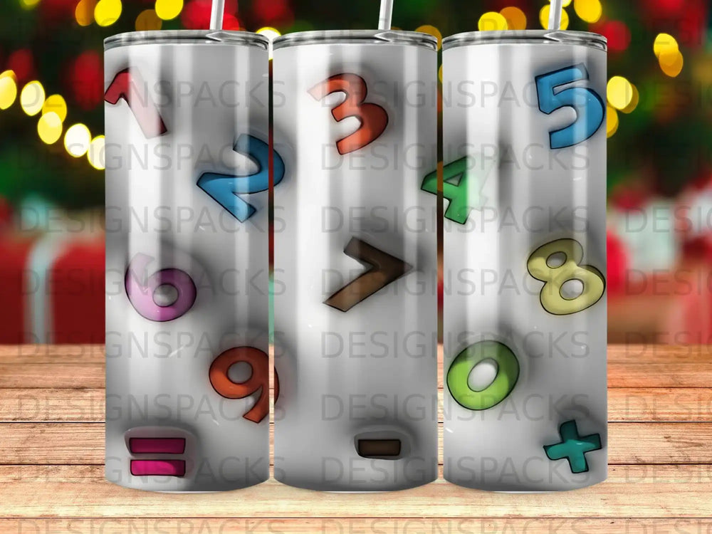 Tumbler with colorful numbers 1 through 9 and plus sign on white background.