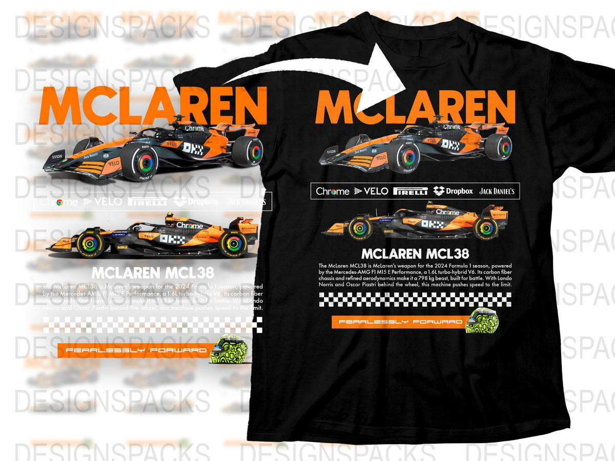 McLaren MCL38 F1 Racing Car T-Shirt, Formula One Team Graphic Tee, Orange and Black Motorsport Shirt, Collector's Apparel