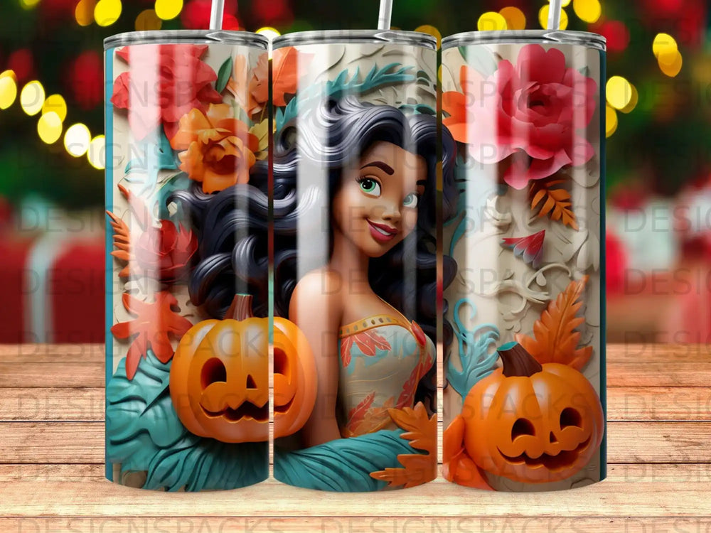 Woman with dark hair and pumpkins, surrounded by autumn leaves and flowers.