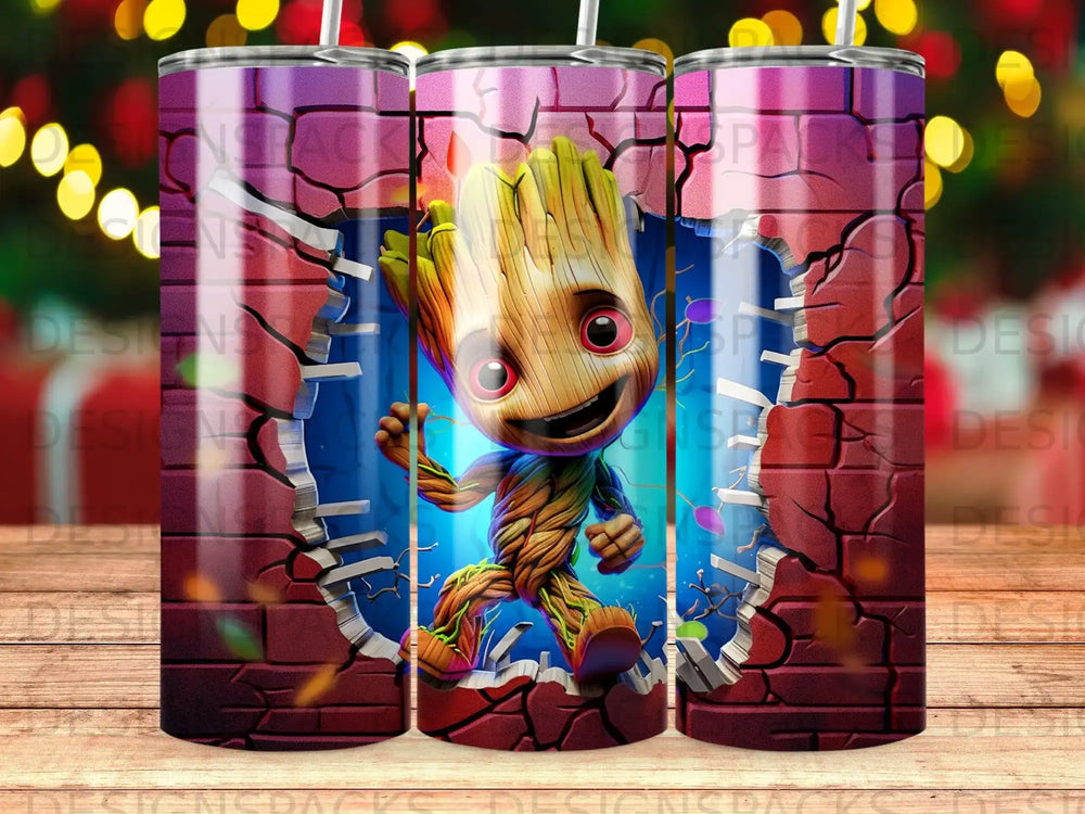 Groot character bursting through a brick wall.